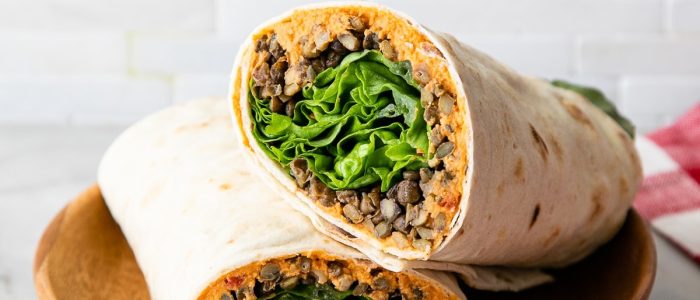 Lentil and vegetable wraps with hummus