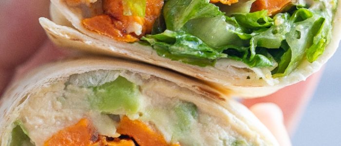 sweet potato wrap with hummus and arugula (Image Credit She Likes Food)